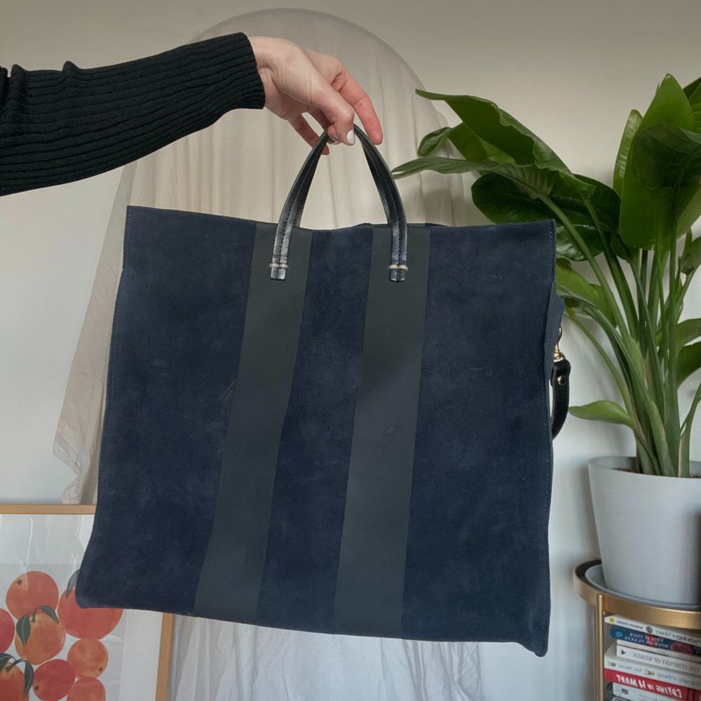 Clare V Simple Navy Suede Bag w/ Black Racing Stripes